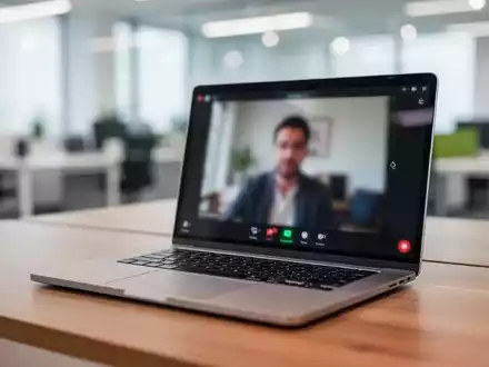 Ein moderner Laptop auf einem Schreibtisch zeigt eine Videokonferenz-Oberfläche in einer professionellen Büroumgebung. - Foto: über boerse-global.de