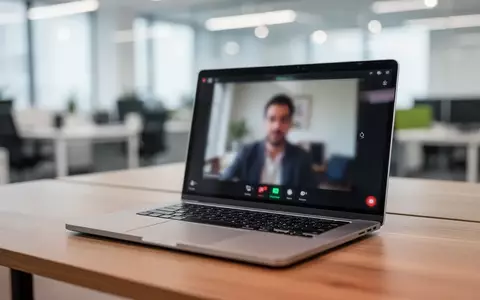 Ein moderner Laptop auf einem Schreibtisch zeigt eine Videokonferenz-Oberfläche in einer professionellen Büroumgebung. - Foto: über boerse-global.de
