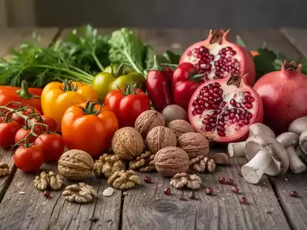 Frisches Gemüse, Nüsse und Granatäpfel auf einem Holztisch als Symbol für eine entzündungshemmende Ernährung. - Foto: über boerse-global.de