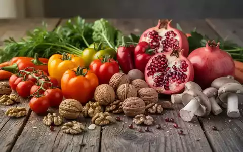 Frisches Gemüse, Nüsse und Granatäpfel auf einem Holztisch als Symbol für eine entzündungshemmende Ernährung. - Foto: über boerse-global.de