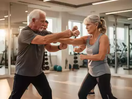 Aktive Senioren bei einem kontrollierten Selbstverteidigungstraining in einem modernen Fitnessstudio. - Foto: über boerse-global.de