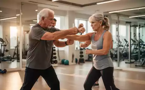 Aktive Senioren bei einem kontrollierten Selbstverteidigungstraining in einem modernen Fitnessstudio. - Foto: über boerse-global.de