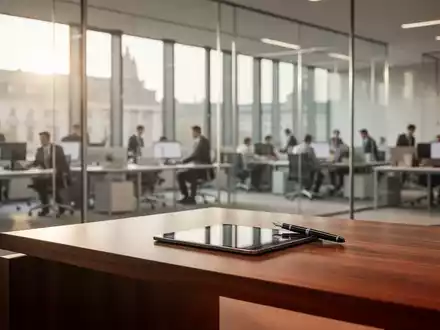 Modernes, helles Büro in einem Regierungsgebäude mit minimalistischem Schreibtisch und Blick auf eine Bürolandschaft. - Foto: über boerse-global.de