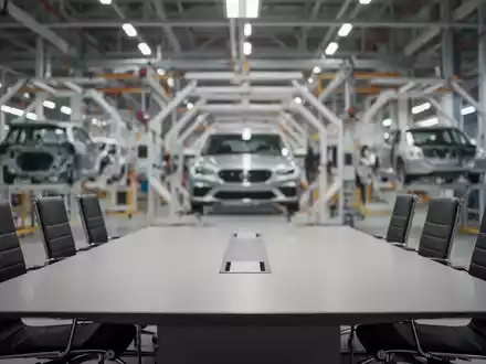 Modernes Konferenzzimmer vor dem Hintergrund einer automatisierten Produktionshalle in einem Automobilwerk. - Foto: über boerse-global.de