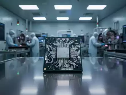 High-tech Halbleiter-Reinraum mit Fokus auf einen Mikrochip, der eine angespannte industrielle Stimmung vermittelt. - Foto: über boerse-global.de