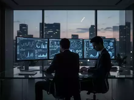 Eine erschöpfte Person vor leuchtenden Computerbildschirmen in einem modernen, abgedunkelten Büro. - Foto: über boerse-global.de