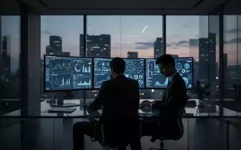 Eine erschöpfte Person vor leuchtenden Computerbildschirmen in einem modernen, abgedunkelten Büro. - Foto: über boerse-global.de