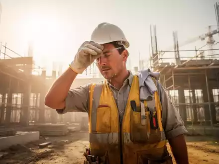 Bauarbeiter wischt sich bei extremer Hitze auf einer Baustelle den Schweiß von der Stirn - Foto: über boerse-global.de