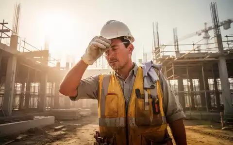 Bauarbeiter wischt sich bei extremer Hitze auf einer Baustelle den Schweiß von der Stirn - Foto: über boerse-global.de