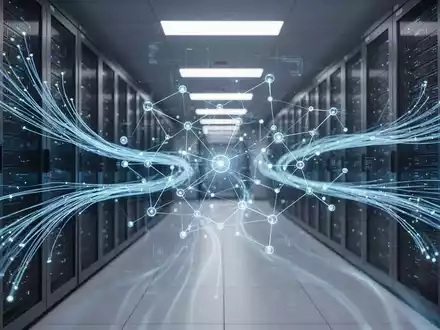 Digitale Visualisierung von vernetzten KI-Datenströmen und technologischen Knotenpunkten in einem modernen Rechenzentrum. - Foto: über boerse-global.de