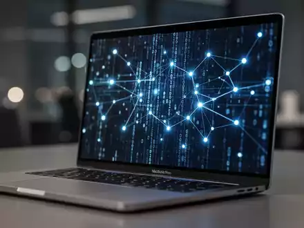 Ein modernes MacBook auf einem Schreibtisch mit digitalem Code auf dem Bildschirm als Symbol für Sicherheitsupdates. - Foto: über boerse-global.de