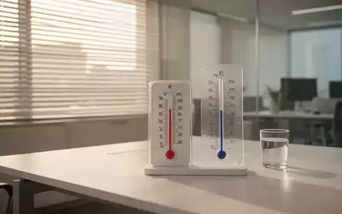 Ein Thermometer auf einem modernen Schreibtisch in einem hellen, durch Jalousien vor der Sonne geschützten Büro. - Foto: über boerse-global.de