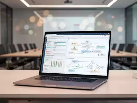Moderner Büroarbeitsplatz mit Laptop, der Projektmanagement-Strategiediagramme und Geschäftsdaten anzeigt. - Foto: über boerse-global.de