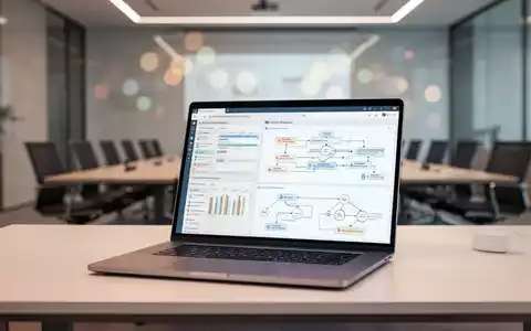 Moderner Büroarbeitsplatz mit Laptop, der Projektmanagement-Strategiediagramme und Geschäftsdaten anzeigt. - Foto: über boerse-global.de