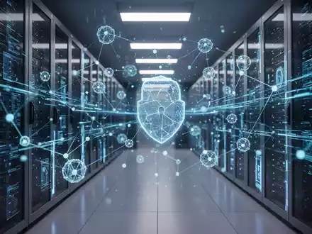 Abstraktes digitales Netzwerk mit leuchtenden Datenströmen in einem modernen Serverraum als Symbol für KI-Sicherheit. - Foto: über boerse-global.de