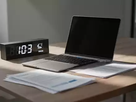 Ein minimalistischer Arbeitsplatz im Homeoffice mit Laptop und Uhr, der die professionelle Zeiterfassung symbolisiert. - Foto: über boerse-global.de