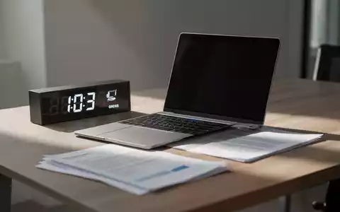 Ein minimalistischer Arbeitsplatz im Homeoffice mit Laptop und Uhr, der die professionelle Zeiterfassung symbolisiert. - Foto: über boerse-global.de