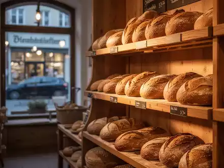 Traditionelle Backwaren in einer handwerklichen Bäckerei bei warmem Morgenlicht. - Foto: über boerse-global.de