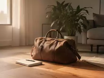 Minimalistisch eingerichteter Wohnraum mit einer Reisetasche und einer Pflanze, symbolisiert bewussten Konsum und Erholung. - Foto: über boerse-global.de
