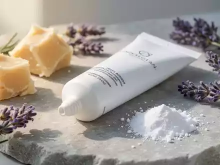 Nahaufnahme einer weißen Salbentube umgeben von natürlichen Inhaltsstoffen wie Sheabutter und Zinkpuder auf einem Stein. - Foto: über boerse-global.de