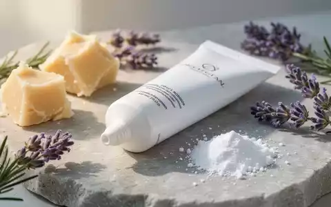 Nahaufnahme einer weißen Salbentube umgeben von natürlichen Inhaltsstoffen wie Sheabutter und Zinkpuder auf einem Stein. - Foto: über boerse-global.de