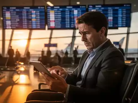 Ein Reisender mit Tablet in einem Flughafen-Terminal vor einer Anzeigetafel, symbolisch für Reiseunsicherheit. - Foto: über boerse-global.de