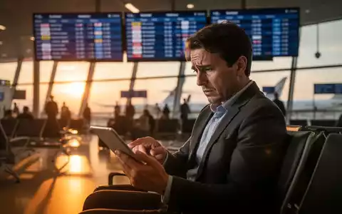 Ein Reisender mit Tablet in einem Flughafen-Terminal vor einer Anzeigetafel, symbolisch für Reiseunsicherheit. - Foto: über boerse-global.de