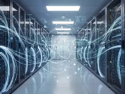 Modernes Rechenzentrum mit abstrakten digitalen Netzwerkgrafiken, die die softwaredefinierte Infrastruktur darstellen. - Foto: über boerse-global.de