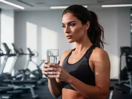 Eine fokussierte Frau in einem modernen Fitnessstudio, die ein Glas Wasser hält, als Symbol für Fitness und Nahrungsergänzung. - Foto: über boerse-global.de