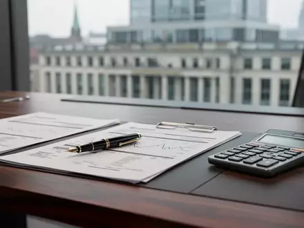 Ein moderner Schreibtisch mit Finanzunterlagen und einem Taschenrechner in einem professionellen Büro. - Foto: über boerse-global.de