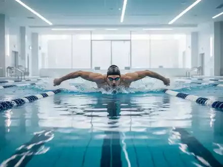 Eine Person schwimmt ruhig Bahnen in einem hellen, modernen Hallenbad zur Linderung von Rückenschmerzen. - Foto: über boerse-global.de