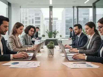 Ein professionelles Team arbeitet in einem modernen Büro an Unterlagen und Laptops zur wirtschaftlichen Entwicklung. - Foto: über boerse-global.de