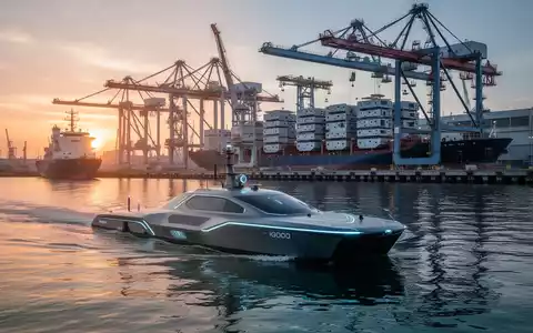 Autonomes unbemanntes Wasserfahrzeug nahe einer modernen Werft mit Portalkränen. - Foto: über boerse-global.de