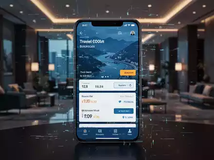 Smartphone mit Reisebuchungs-Oberfläche und digitalem Glitch-Effekt in modernem Hotel. - Foto: über boerse-global.de