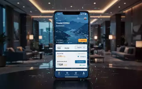 Smartphone mit Reisebuchungs-Oberfläche und digitalem Glitch-Effekt in modernem Hotel. - Foto: über boerse-global.de
