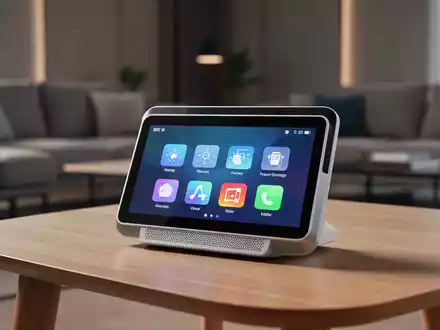 Schlanker, moderner Smart-Home-Hub mit Touchscreen auf einem minimalistischen Tisch in einem zeitgenössischen Wohnzimmer. - Foto: über boerse-global.de
