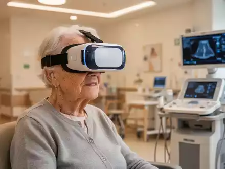 Ältere Person mit VR-Brille in modernem Pflegeheim. - Foto: über boerse-global.de