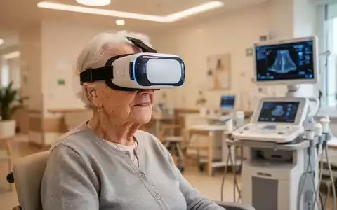 Ältere Person mit VR-Brille in modernem Pflegeheim. - Foto: über boerse-global.de