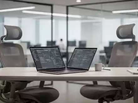 Moderner Homeoffice-Arbeitsplatz mit Laptop und ergonomischem Stuhl in einer professionellen, hellen Büroumgebung. - Foto: über boerse-global.de