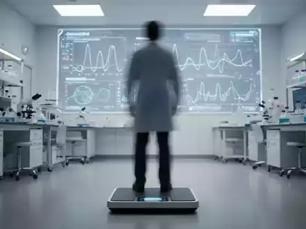 Eine Person auf einer digitalen Waage in einem modernen, hellen medizinischen Forschungslabor. - Foto: über boerse-global.de