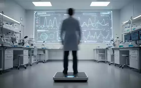 Eine Person auf einer digitalen Waage in einem modernen, hellen medizinischen Forschungslabor. - Foto: über boerse-global.de