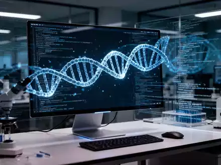 Ein moderner Computerarbeitsplatz mit einer digitalen DNA-Visualisierung und komplexen Codezeilen auf dem Bildschirm. - Foto: über boerse-global.de