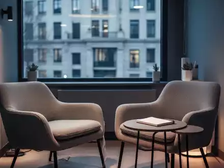 Ein minimalistischer, ruhig gestalteter Therapieraum mit einem Sessel und einem Notizbuch in sanftem Licht. - Foto: über boerse-global.de