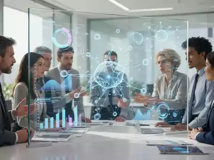 Büro-Team bei der digitalen Zusammenarbeit an einem interaktiven Bildschirm mit Datenvisualisierungen zur KI-Kompetenz. - Foto: über boerse-global.de