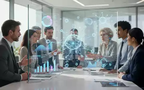 Büro-Team bei der digitalen Zusammenarbeit an einem interaktiven Bildschirm mit Datenvisualisierungen zur KI-Kompetenz. - Foto: über boerse-global.de