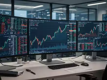 Moderne Finanz-Monitore mit steigenden Börsenkursen in einem professionellen Büro - Foto: über boerse-global.de
