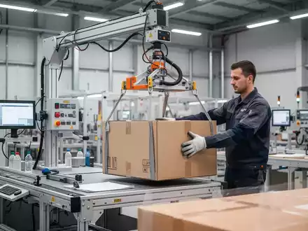 Ein Mitarbeiter bedient ein ergonomisches Vakuum-Hebesystem an einer modernen industriellen Arbeitsstation. - Foto: über boerse-global.de