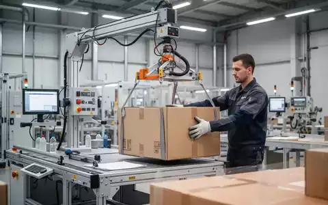 Ein Mitarbeiter bedient ein ergonomisches Vakuum-Hebesystem an einer modernen industriellen Arbeitsstation. - Foto: über boerse-global.de
