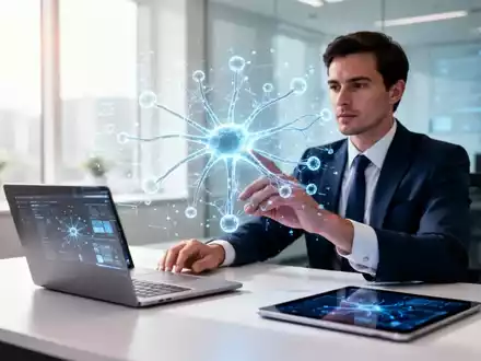 Eine Person arbeitet in einem modernen Büro an einer digitalen Visualisierung von KI-Strukturen auf einem Bildschirm. - Foto: über boerse-global.de