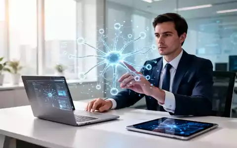 Eine Person arbeitet in einem modernen Büro an einer digitalen Visualisierung von KI-Strukturen auf einem Bildschirm. - Foto: über boerse-global.de